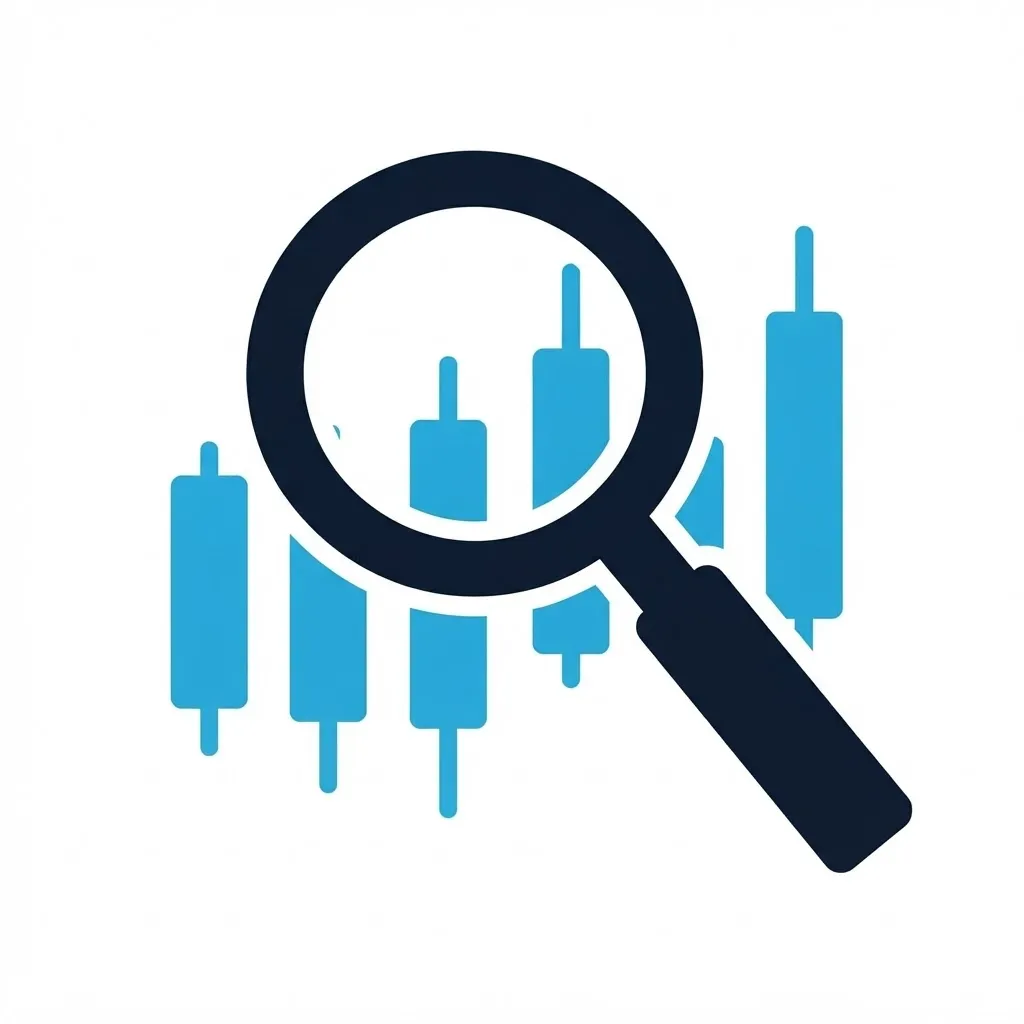 Flat illustration of a magnifying glass over a candlestick chart icon, representing red flags in Expert Advisor scams