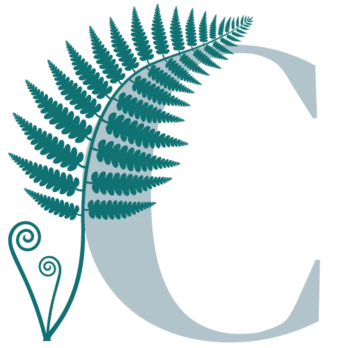 Fern CRM logo which is a silver letter C in a serif font with a green fern leaf curling around the curve of the C.