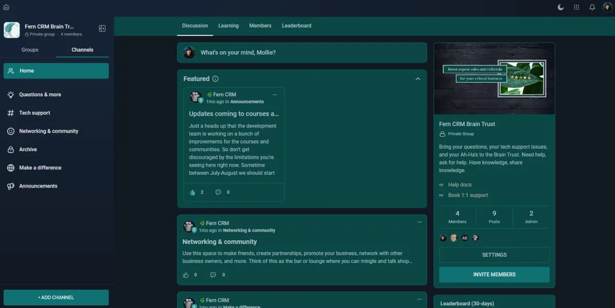 screenshot of an online group in dark mode that looks similar to a Facebook group, MightyNetwork, Circle, or other online community platform.