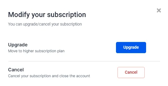 screenshot of the page for changing your CRM subscription that shows the button to upgrade and the button to cancel.