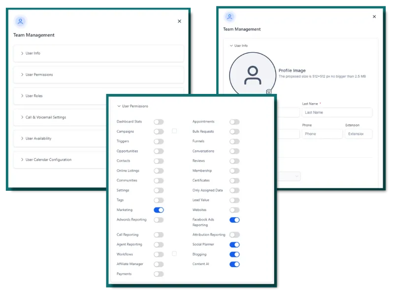 Screenshots that show the different options available for team management, including setting permissions, user availability, and their profile info.