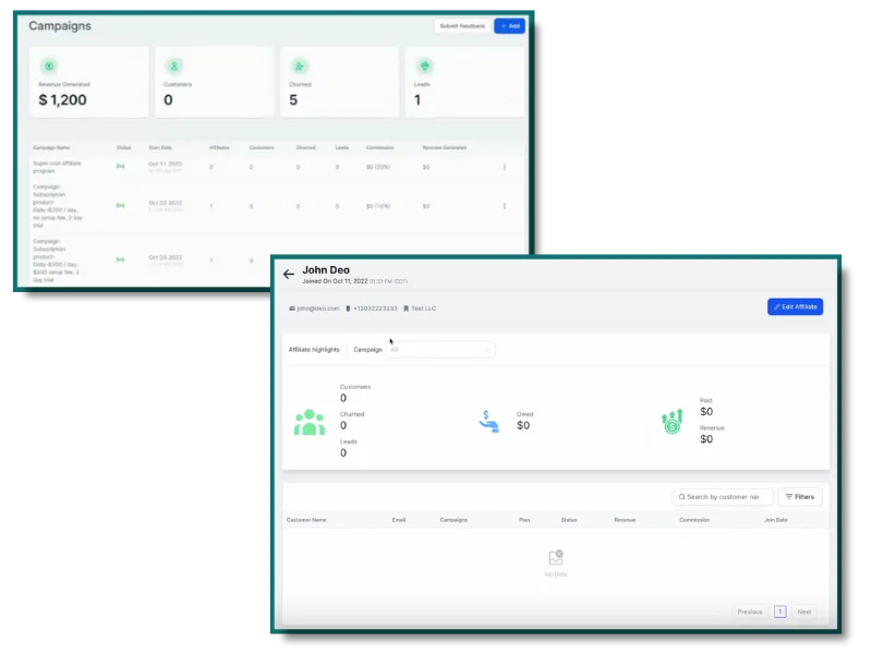 Screenshot of different dashboards in the affiliate management tool showing how affiliate commissions are tracked.