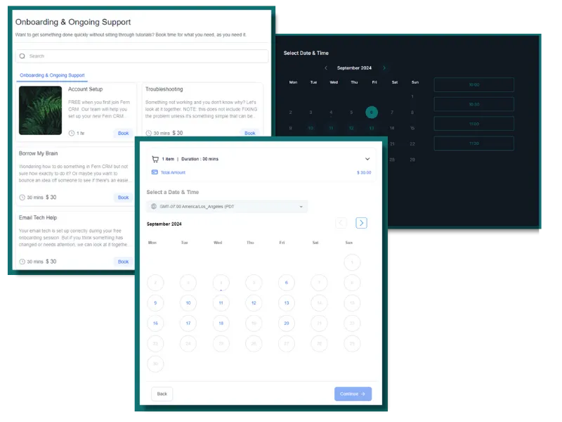 screenshot of different examples of calendars built inside Fern CRM including one for multiple services like a salon would use, one that collects payment for the appointment, and a regular one in dark mode like coaches would use.