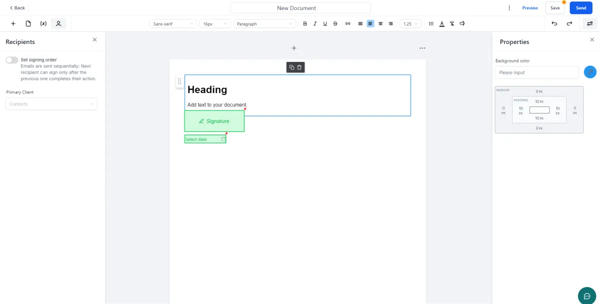 Screenshot of the documents editor showing the electronic signature field.