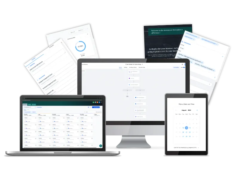 illustration of a laptop, computer monitor, tablet, and printed worksheets displaying different aspects of a done-for-you CRM and CX template.