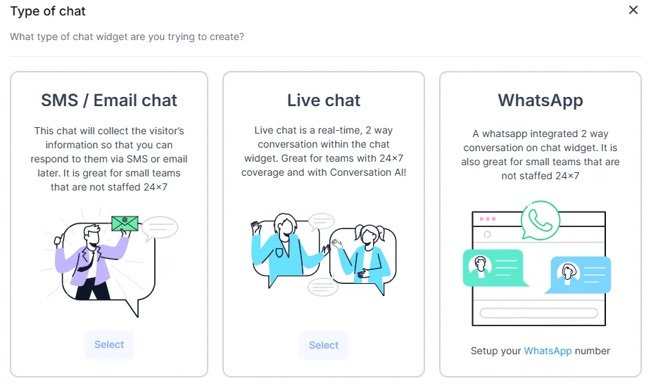 Screenshot of chat widget settings page that shows the  different types of chat widget available: live, asynchronous, or WhatsApp.