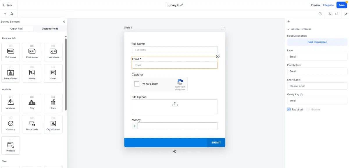 screenshot of the forms and survey editor, showing some of the different pre-built options available.