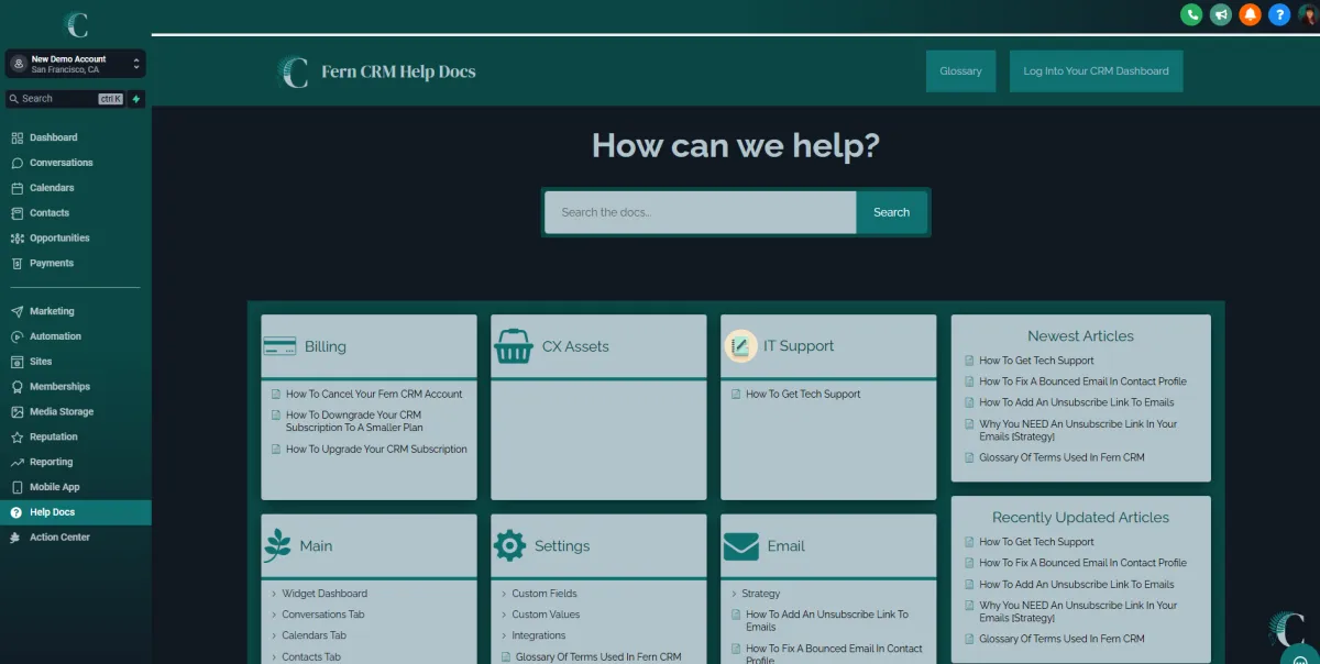 screenshot of the Help Docs front page with a giant earch bar at the top, as seen inside the Fern CRM dashboard.