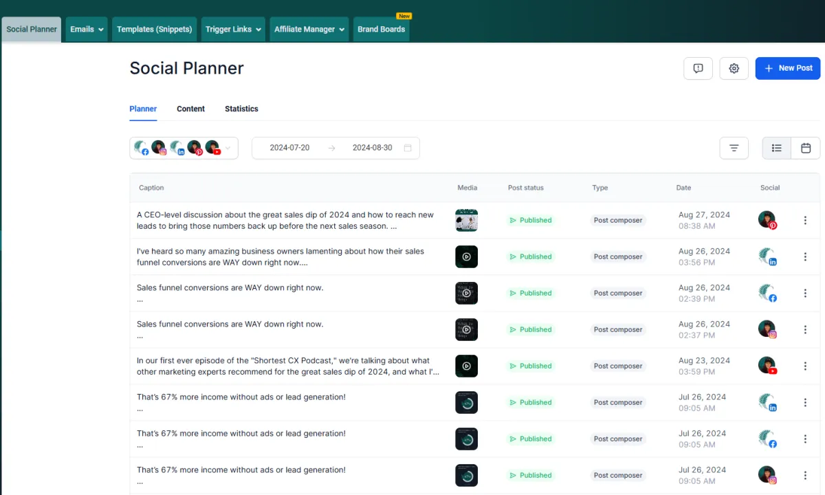 screenshot of the social media scheduling tool showing a list of posts published to different platforms.