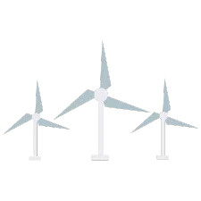 An illustration of 3 modern wind turbines representing clean energy.