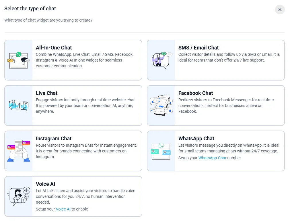 Screenshot of chat widget settings page that shows the  different types of chat widget available: live, asynchronous, or WhatsApp.