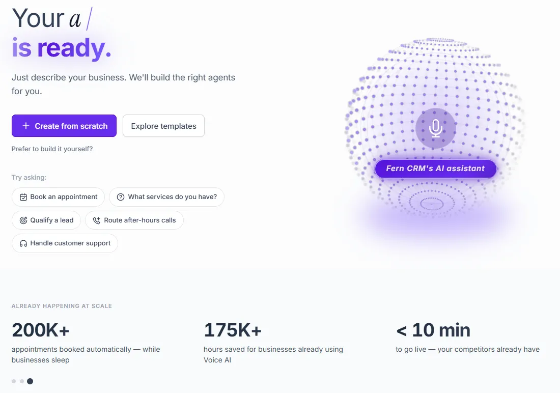 screenshot of the Voice AI dashboard inside Fern CRM which includes options to create an agent from scratch use a template, or ask AI to build one.