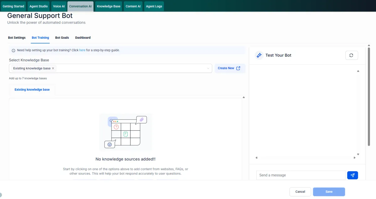 screenshot of the Conversation AI builder inside Fern CRM showing how a bot can be trained on specific links and/or knowledge bases and a sandbox for testing the bot by asking it questions.