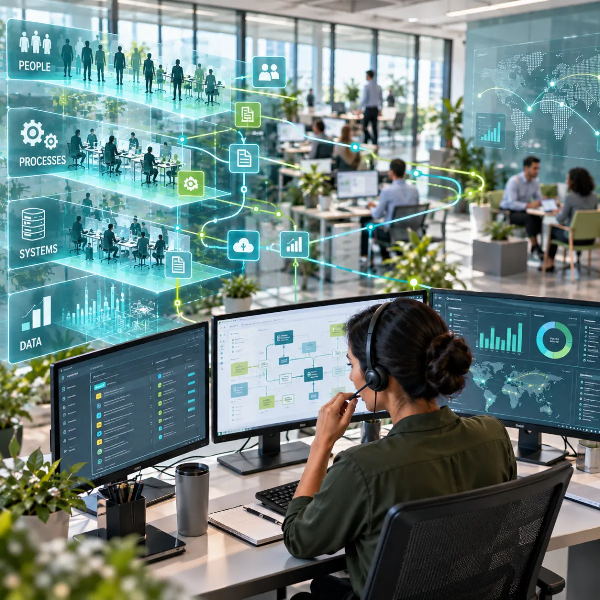 An employee reviews connected workflows, with layers representing people, processes, systems, and data throughout the workplace.
