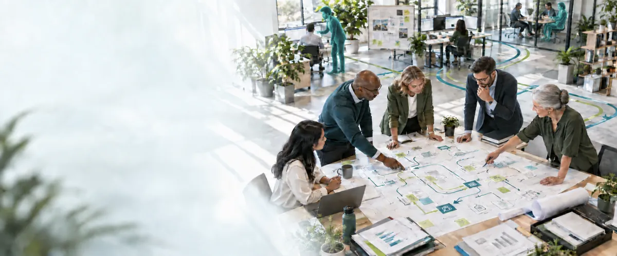 Five human colleagues review a process map. Behind them, a curly-haired digital colleague collaborates at a window desk and a digital woman in a blazer joins a conference-room meeting.