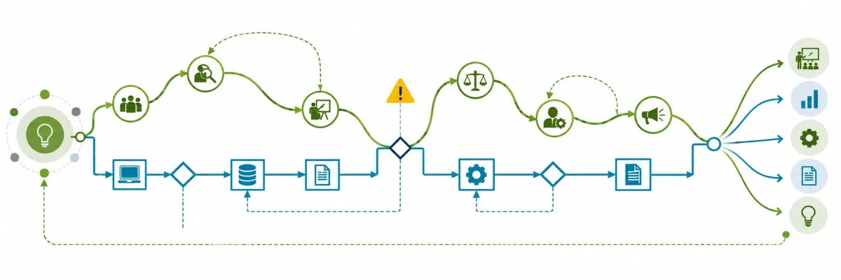 Human and digital paths interact through collaboration, investigation, decisions, analysis and feedback, leading to multiple possible outputs. Routes vary with the work rather than prescribing a fixed sequence.