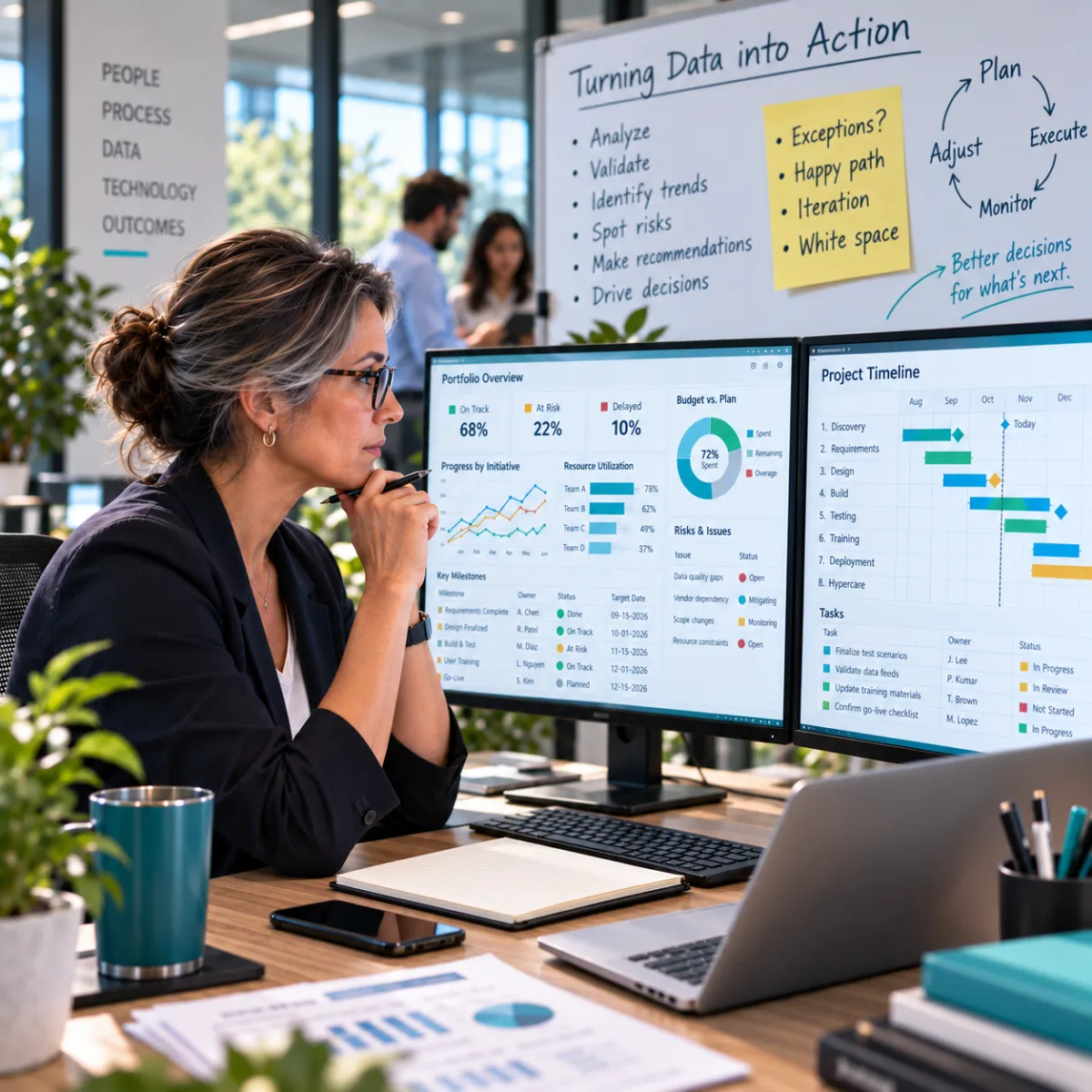 A professional reviews operational analysis and project timelines alongside a whiteboard of questions and insights.
