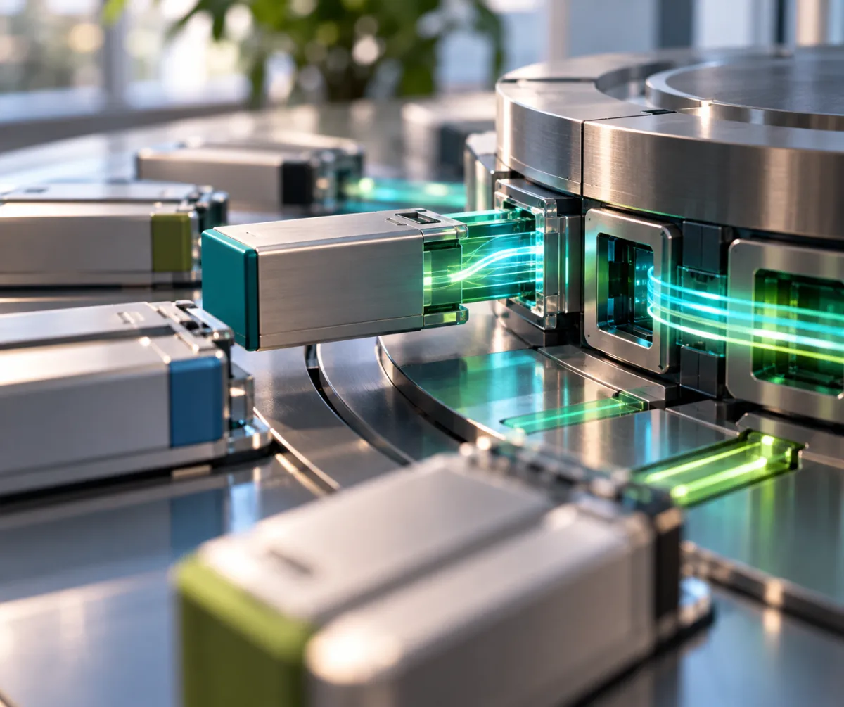 Precision components connect into a coordinated mechanism through teal and green pathways.
