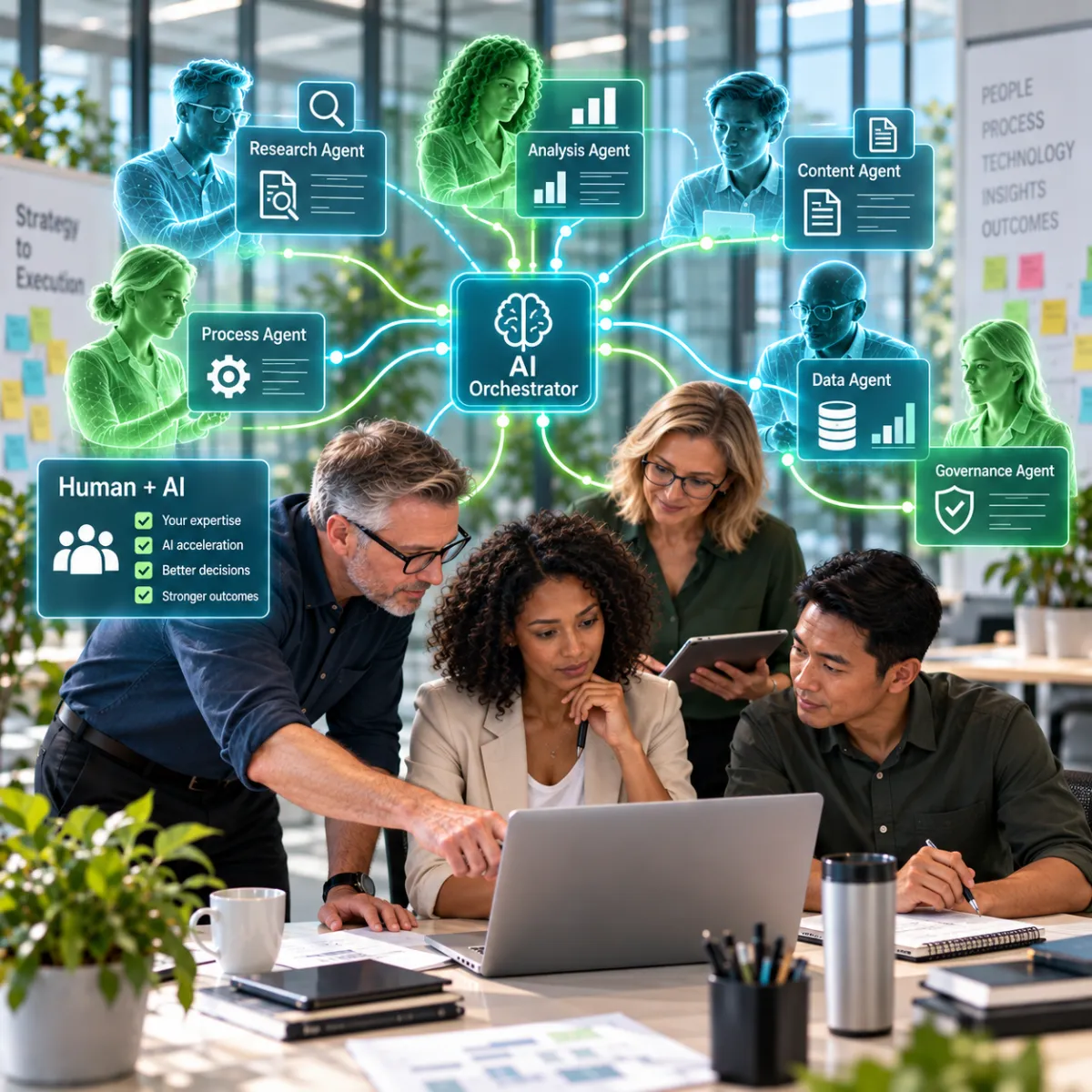 A collaborative team works with connected digital research, analysis, content, process, data, and governance agents.