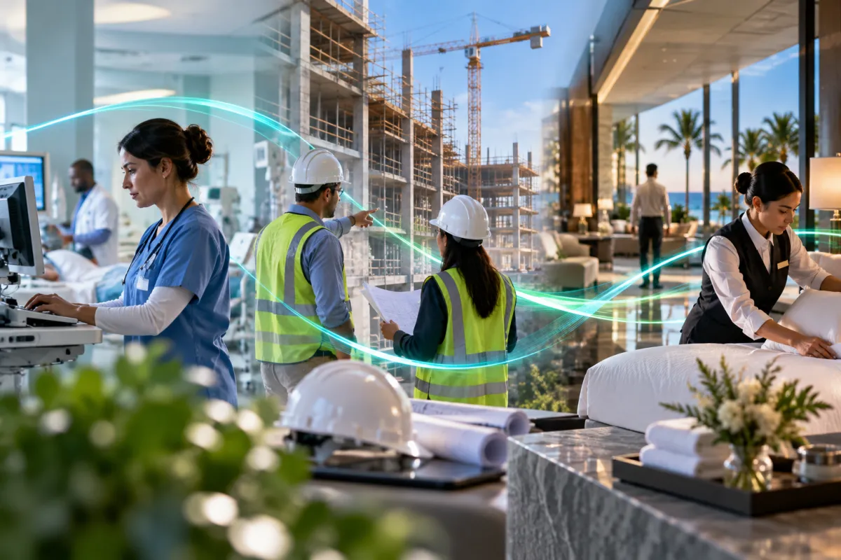 Healthcare, construction, and hospitality professionals connected across their working environments.