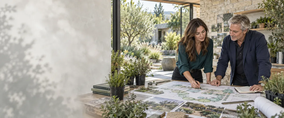 A younger landscape-design business owner and experienced collaborator review planting plans in a stone-walled studio overlooking a garden courtyard.