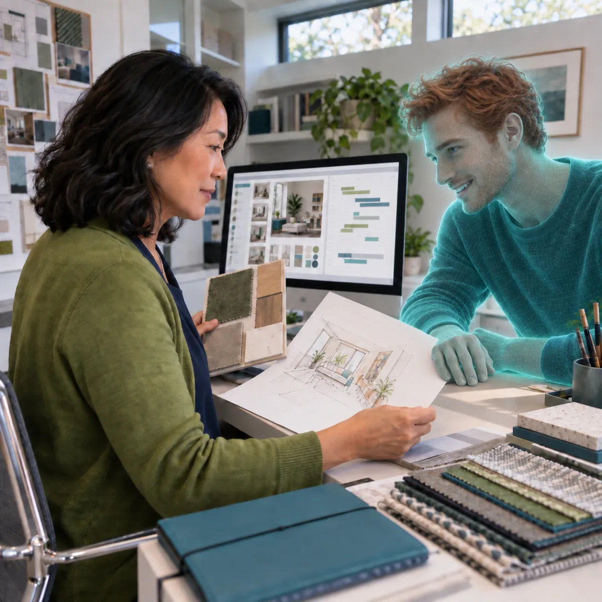 An interior designer reviews a room sketch with a teal digital human collaborator reviewing the design across her desk with his hand resting beside the sketch.
