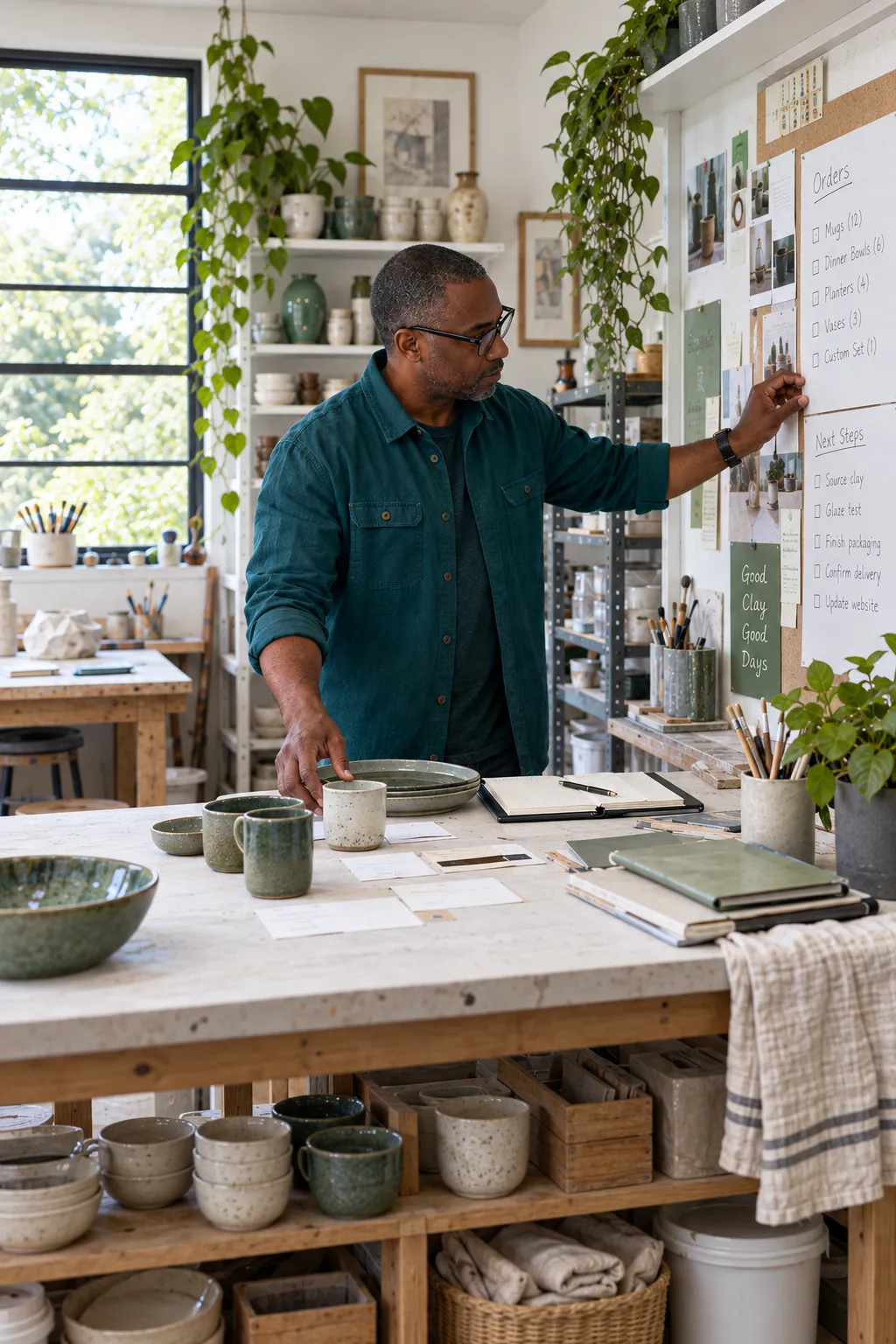 A ceramics business owner connects orders, product samples, and next steps in his workshop.