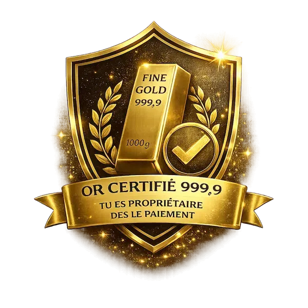 Icône en or avec lingot certifié 999,9 et symbole de validation, représentant la propriété immédiate de l’or dès le paiement