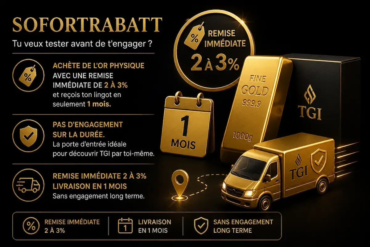 Illustration premium en or représentant un achat d’or avec remise immédiate de 2 à 3%, lingot, calendrier de livraison rapide et camion de livraison, concept d’accès simple et sans engagement à l’investissement en or