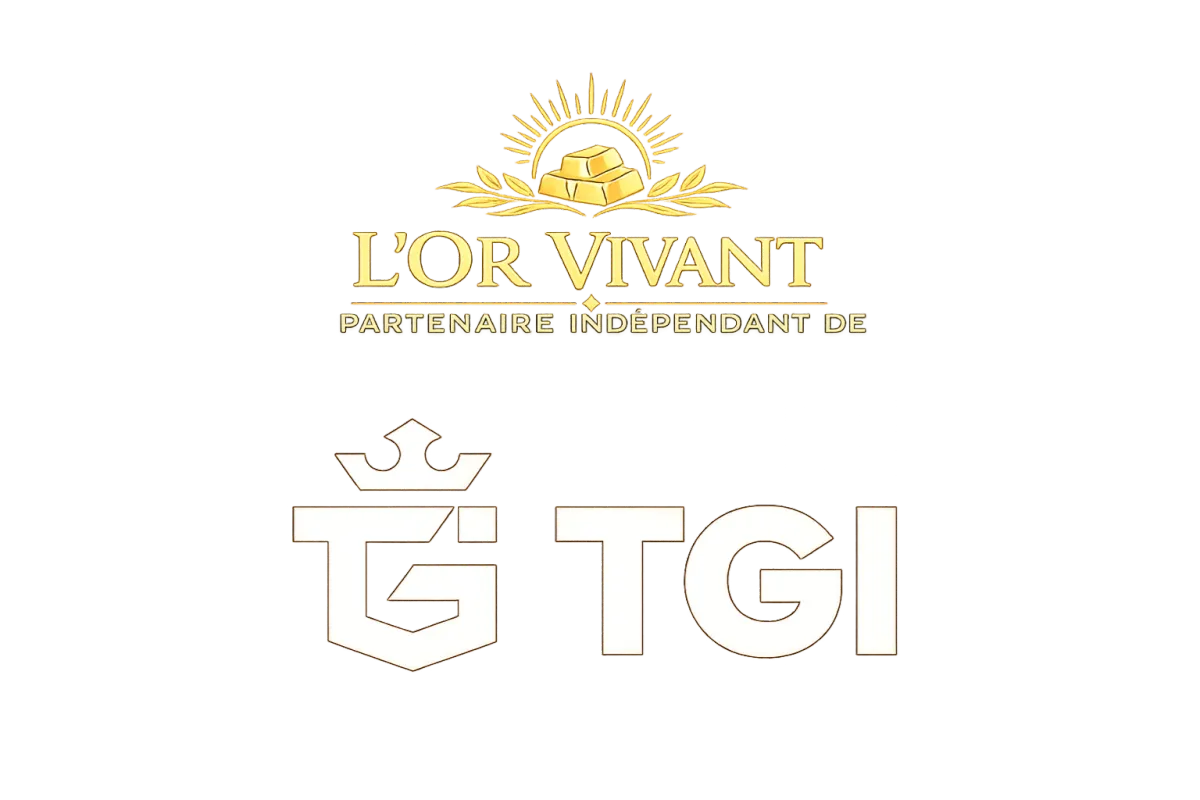 Logo L’Or Vivant partenaire indépendant de TGI en doré et ivoire, avec lingots d’or stylisés, symbole d’investissement en or physique, protection du capital et préservation du patrimoine.