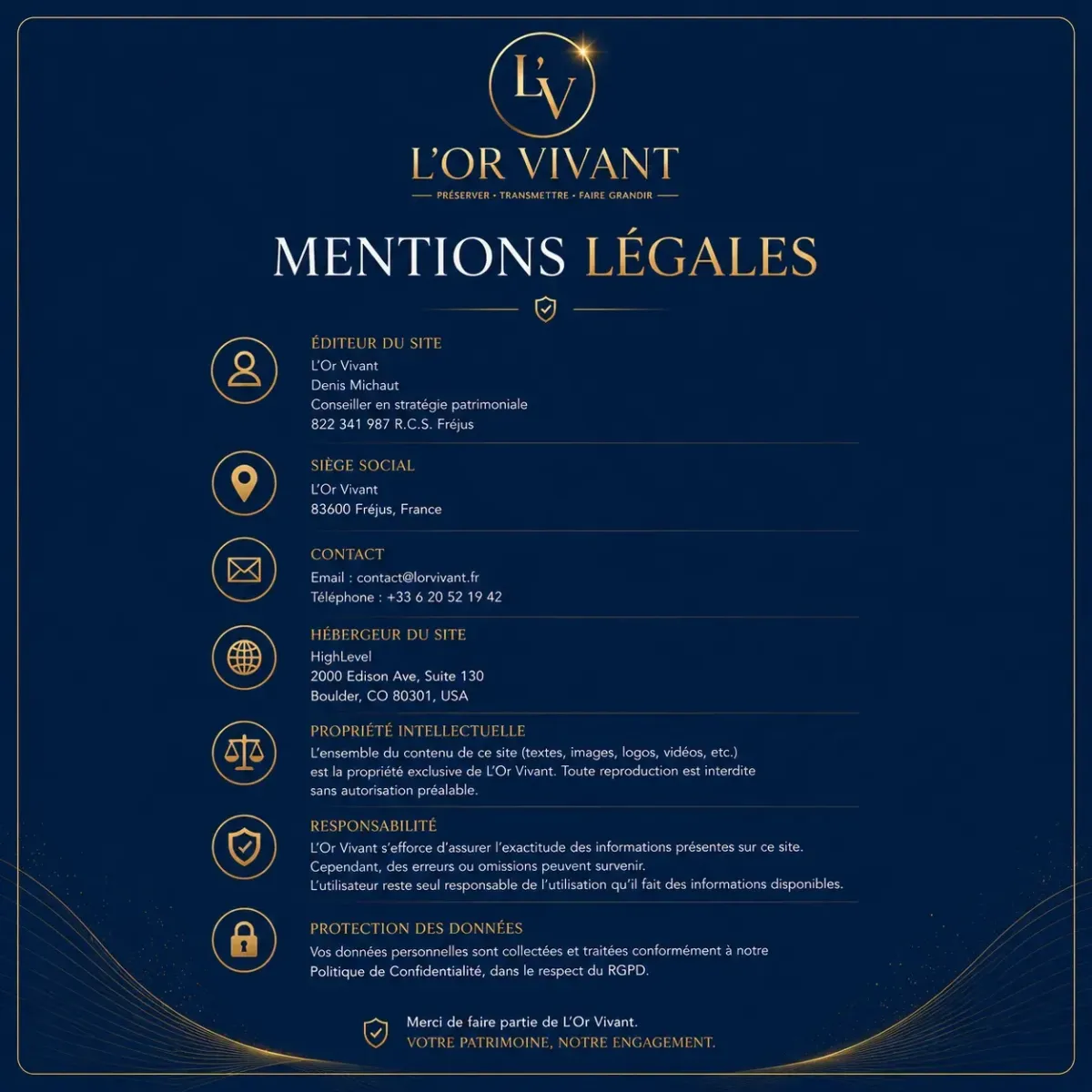 Illustration élégante des mentions légales de L’Or Vivant sur fond bleu nuit et or, avec informations juridiques, protection des données et identité de la société patrimoniale.