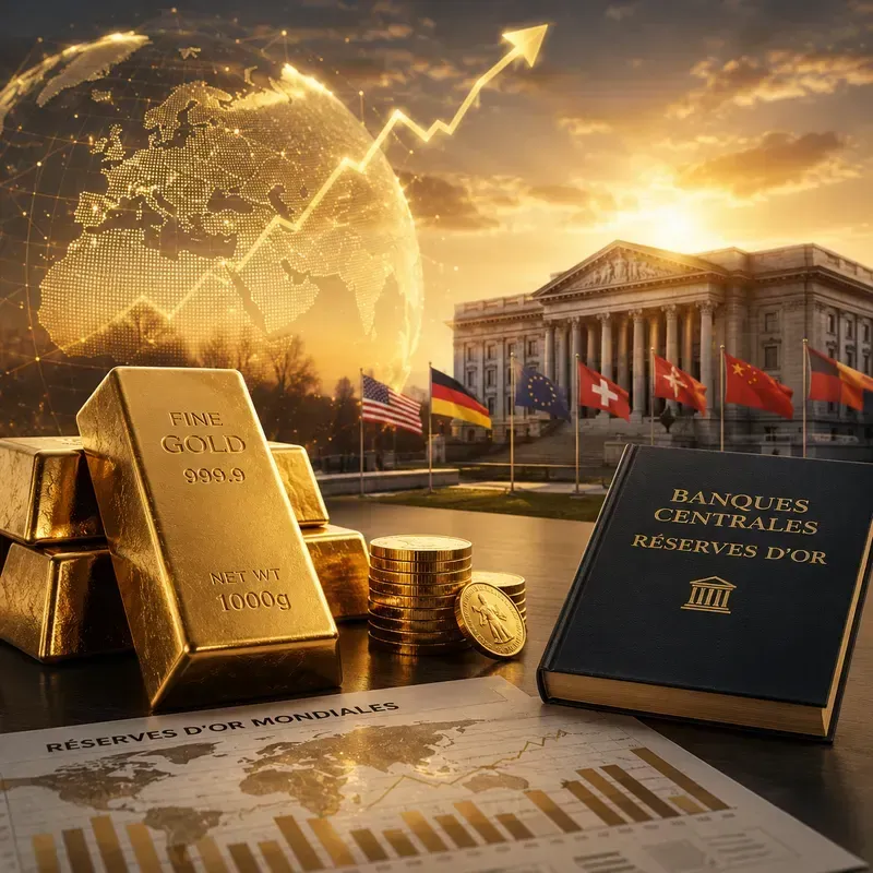 Lingots d’or, pièces et graphique financier lumineux devant une institution bancaire internationale, illustrant la diversification patrimoniale et l’intérêt croissant pour l’or physique à travers le monde.