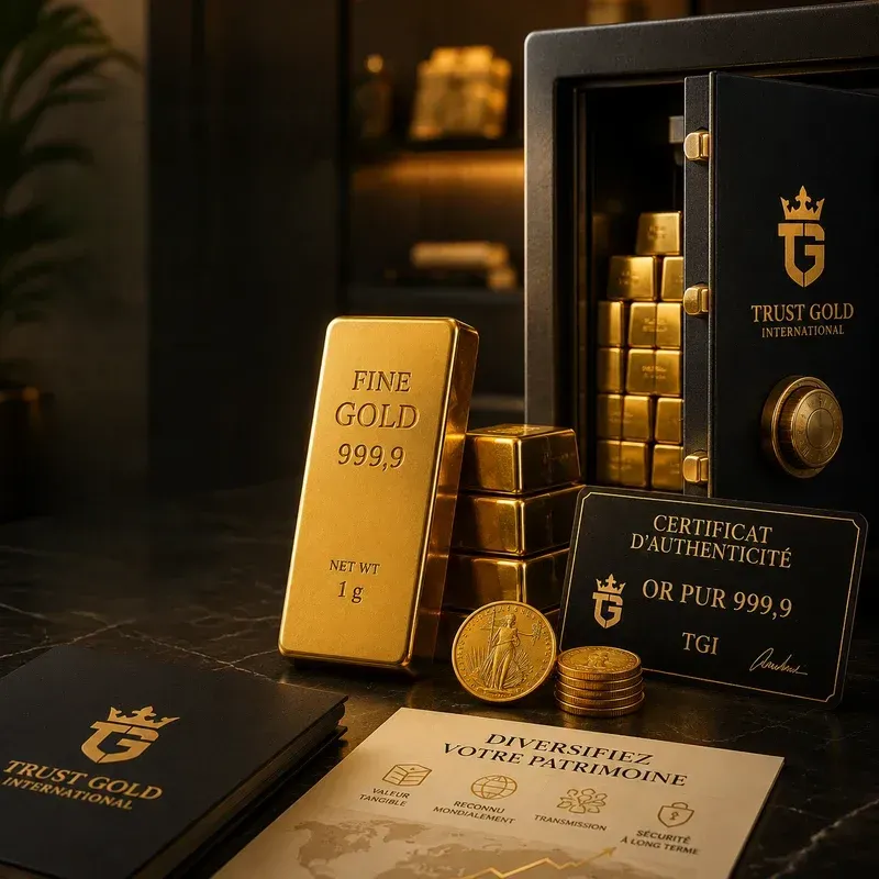 Lingot d’or certifié 999,9 devant un coffre sécurisé et des documents patrimoniaux premium, illustrant une approche moderne, accessible et tangible de l’or physique.