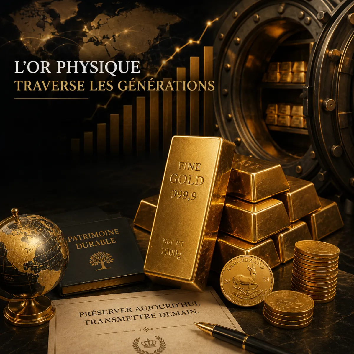 Lingots d’or devant un coffre sécurisé et une carte du monde financière, illustrant la transmission patrimoniale, la protection contre l’inflation et la valeur durable de l’or physique à travers les générations.