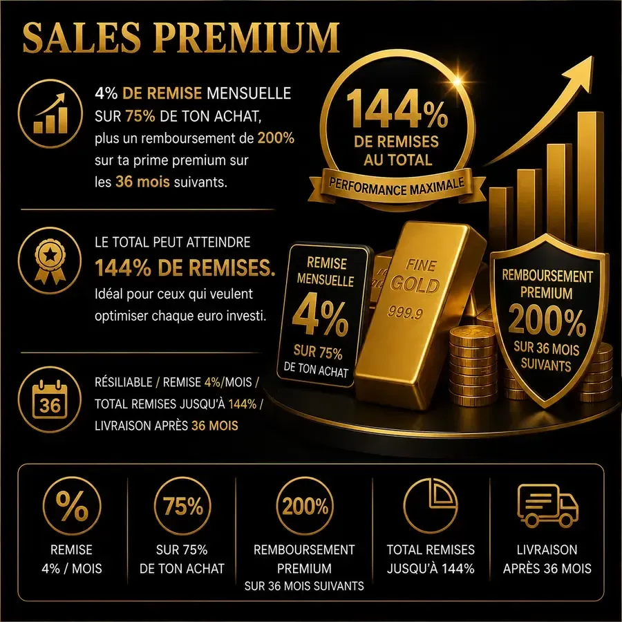 Infographie premium de la solution Sales Premium avec or physique certifié 999,9 millièmes, avantages mensuels progressifs, bonus premium complémentaire et optimisation patrimoniale à long terme.