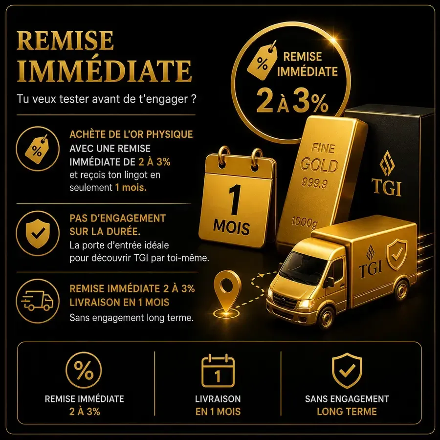 Infographie premium de la solution Remise immédiate avec or physique certifié 999,9 millièmes, avantage direct jusqu’à 3%, livraison rapide sous un mois et acquisition sans engagement longue durée.