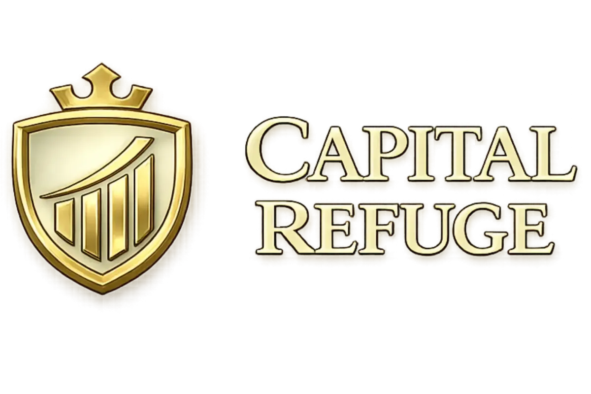 Logo Capital Refuge en or avec bouclier et courbe ascendante, représentant la sécurité du patrimoine et la croissance financière