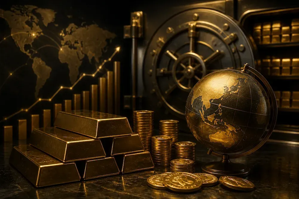 Lingots d’or et pièces avec tirelire et maison miniature représentant la protection du capital et une stratégie d’investissement sécurisée