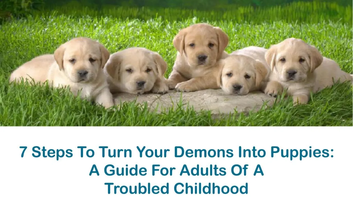 Five light-tan Labrador puppies lying on a stone slab surrounded by green grass