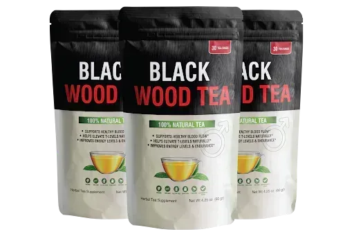 Black Wood Tea matte black pouch and dark ceramic cup with steam