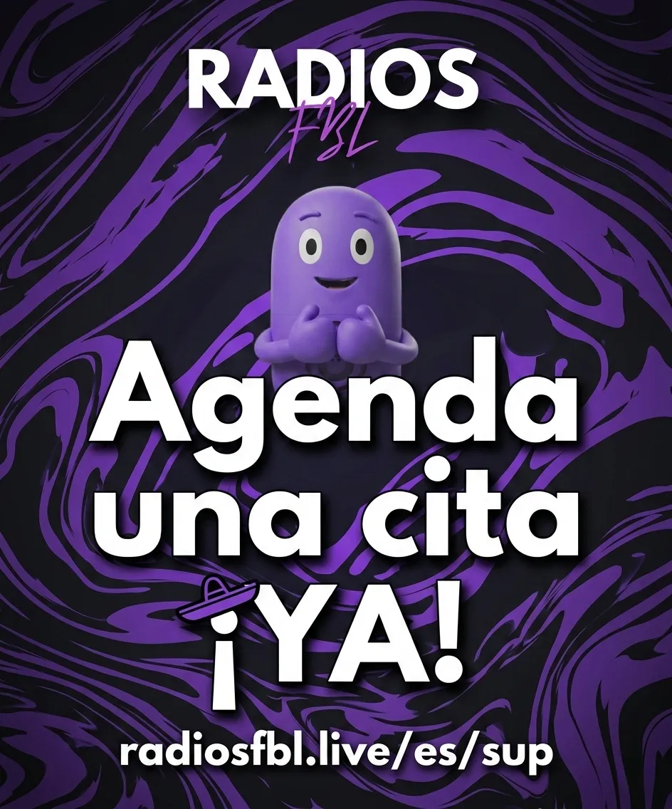 Personaje animado de Radios FBL invitando a músicos a agendar una cita de marketing musical.