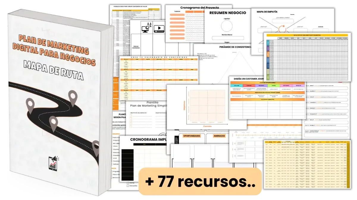 Ebook: “Plan de Marketing Digital para Negocios - Mapa de Ruta”: con +77 entregables, plantillas, recursos y descargables. Este e-book no es solo un recurso educativo, es una herramienta integral y práctica que te permitirá estructurar y ejecutar un plan de marketing digital completo, implementando estrategias efectivas y alcanzando tus objetivos con éxito.