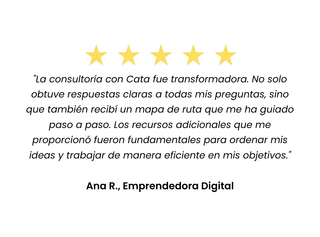 Imagen testimonio servicio consultoría orientativa negocios digitales - preguntas & respuestas. Ana R. Emprendedora Digital