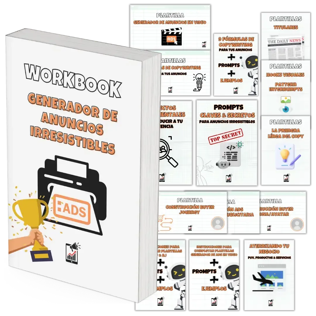 Imagen Mockup Kit Completo para la Fabricación de Anuncios con IA. Workbook Generador de Anuncios Irresistibles. Consultoría Publicidad Digital