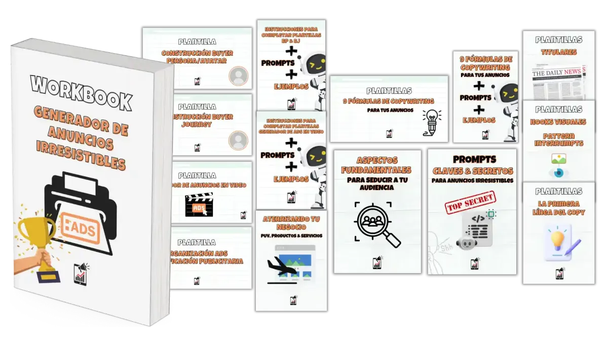 Imagen Mockup Workbook Kit CompletoGenerador de Anuncios Irresistibles. Servicio Consultoría Publicidad Digital