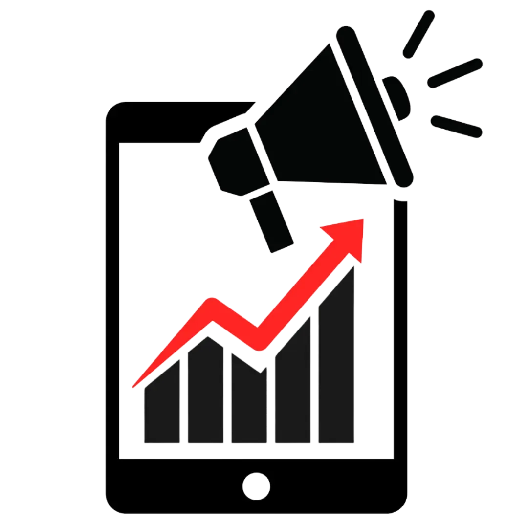 Logo de marca AdFlowSolutions. Imagen con un gráfico de crecimiento visualizado en dispositivo móvil y megáfono, simbolizando el uso de marketing y publicidad digital efectiva para el crecimiento de negocios gracias a la presencia digital estratégica y efectiva.