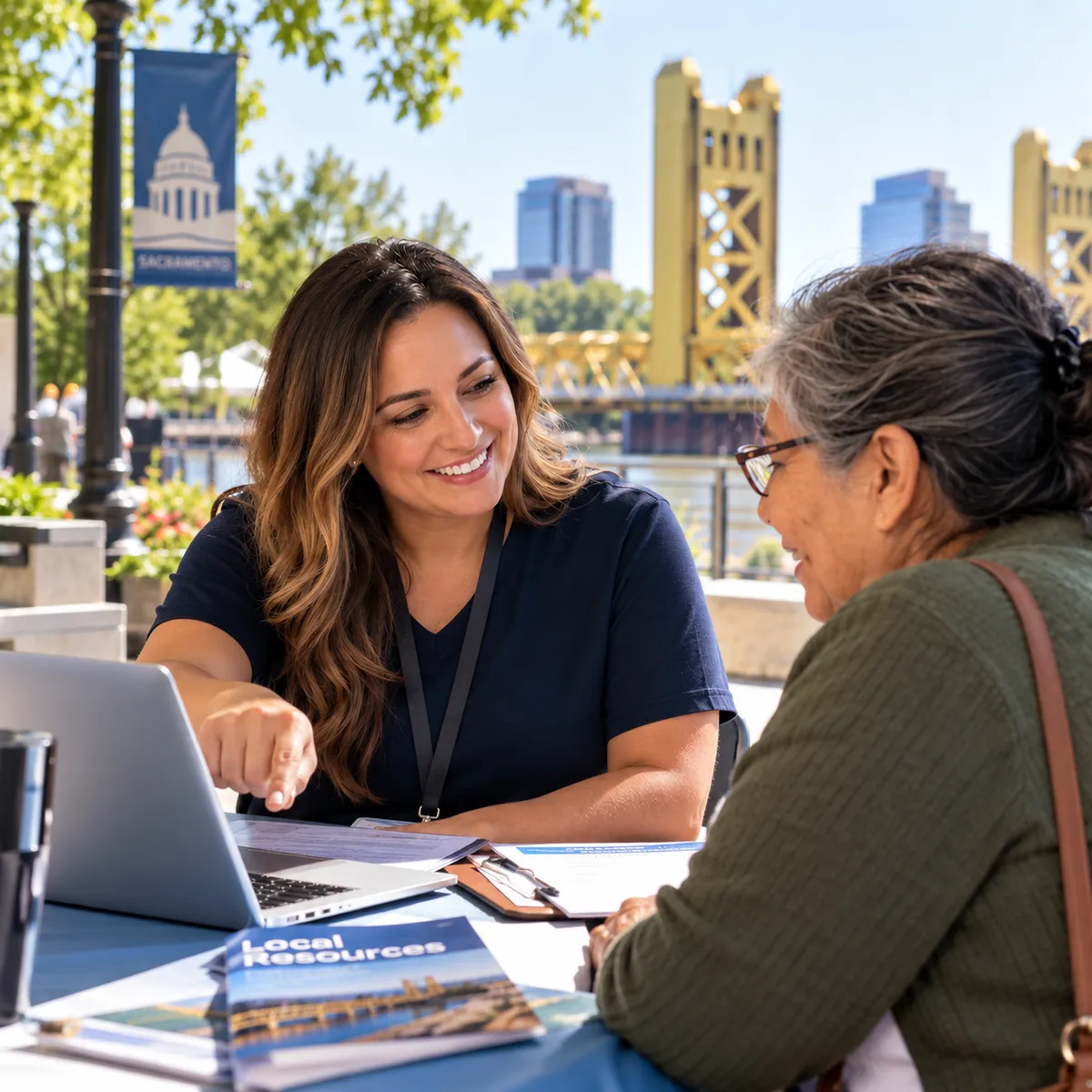A CARES Connects staff member in a navy shirt sits outdoors in Sacramento with an older woman, pointing at a laptop screen while printed local resource guides lie on the table.
