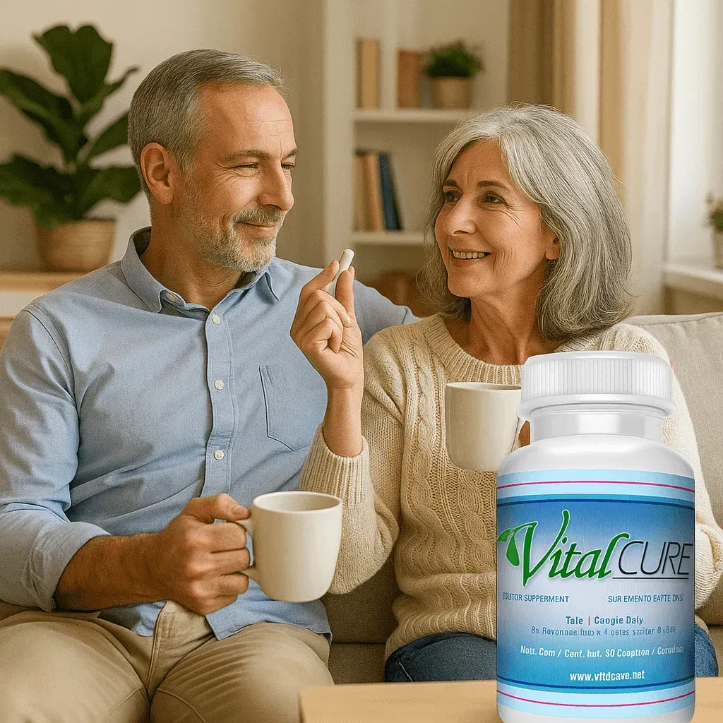 Couple in their 50s walking at golden hour with a Vitalcure supplement bottle — 90-day treatment plan for Candida balance, immunity and energy.
