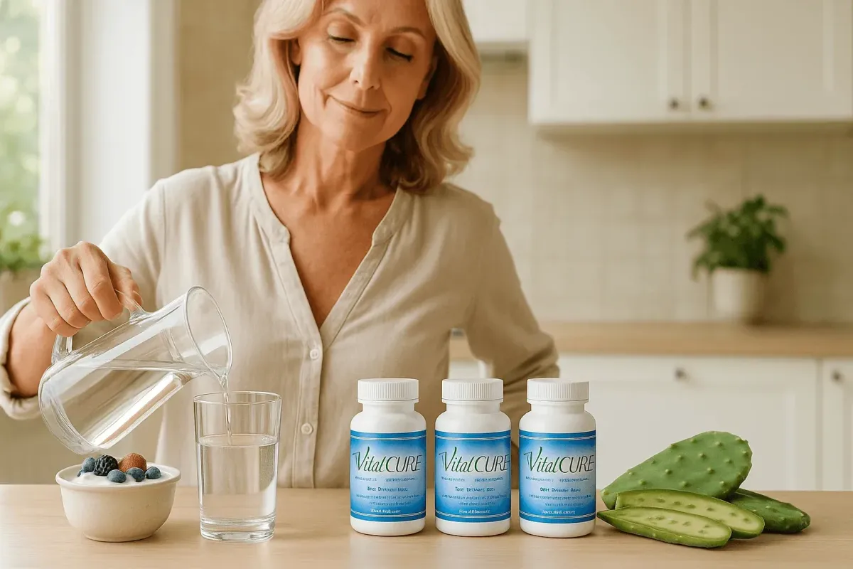 Mature woman pouring water in a bright kitchen with three Vitalcure supplement bottles, yogurt with berries, and nopal, representing the 90-day Candida treatment plan.