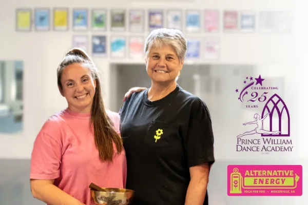 Gwen Fletcher and PWDA founder Kim Teachout Thomas at Prince William Dance Academy in Nokesville, VA, with the studio's 25-year celebration and Alternative Energy Hatha Yoga logos. Copy